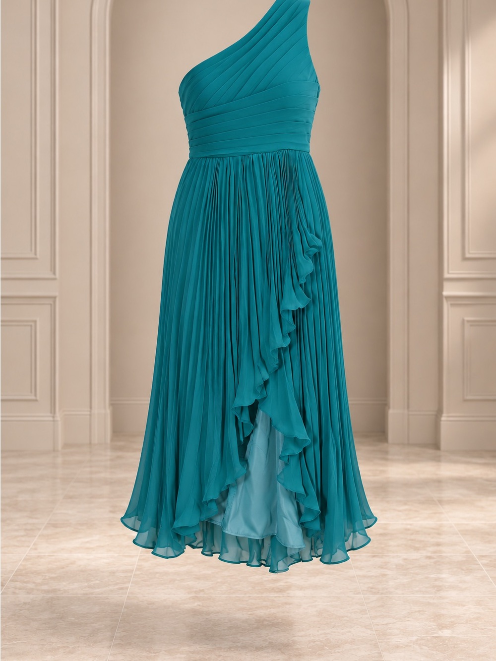 Asymmetrical One-Shoulder Teal Pleated Maxi Dress